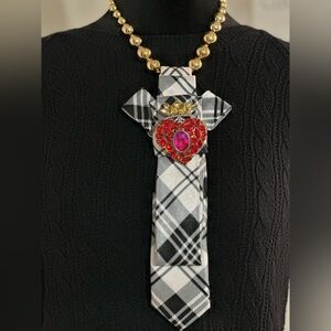 Black & White Valentines Day Necktie Necklace Red Brilliant Stones Heart Brooch